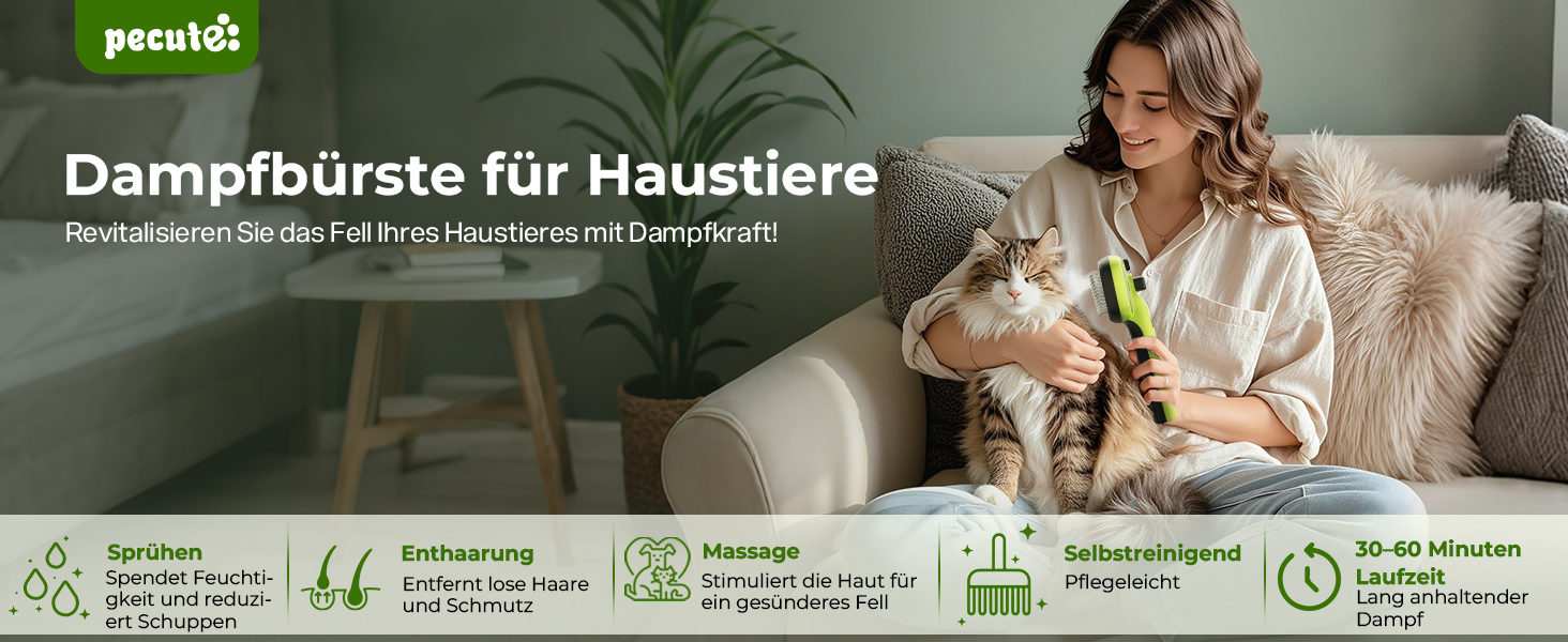 Побутова щітка для котів Pecute з парою та спреєм, багатофункціональна, для довгошерстих котів та собак, великий резервуар для води, масажна щітка, тільки прохолодний туман (зелена)