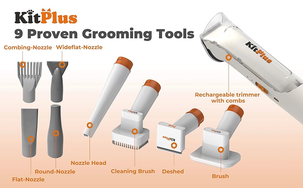 Набір для грумінгу собак Kitplus: машинка для стрижки, пилосос для шерсті, 8 інструментів, чорний & білий.