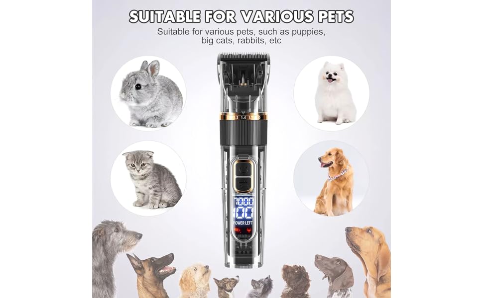 HEMOTON Набір для стрижки тварин: бездротова машинка для собак та котів з LCD-дисплеєм, тиха, миється, акумуляторна