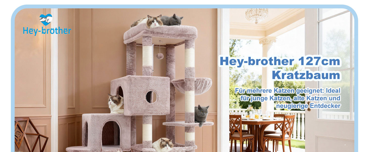 Котячий будиночок Hey-brother Kratzbaum з великими платформами для великих котів, 127 см, з драбиною, 2 печери, гамак, сизаль, кошик, MPJ071W (пісочний)