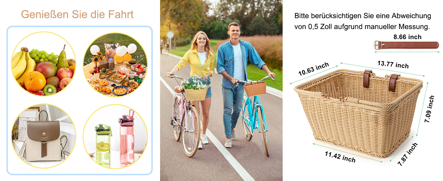 Фарбований велосипедний кошик CXWXC – міцний передній кошик з ручної плетіння з лози з регульованими ремінцями з веганської шкіри, бежевий