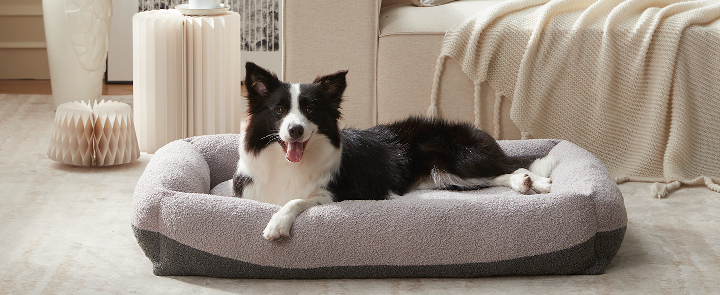 Крісло-лежанка для собак великих порід, XXL, світло-сіре, 106x76x20 см, знімний чохол, неслизьке, з підковою для шиї