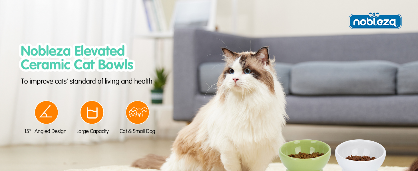 Набір мисок для котів Nobleza (2 шт) з кераміки, нахил 15°, проти блювоти, для корму та води, підходить для котів та маленьких собак, білий колір