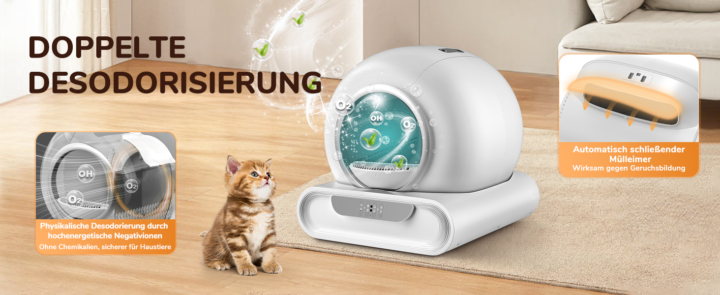 Автоматичний лоток для котів XXL 68л з самоочищенням, низький вхід, керування через додаток, датчик безпеки, для кількох котів