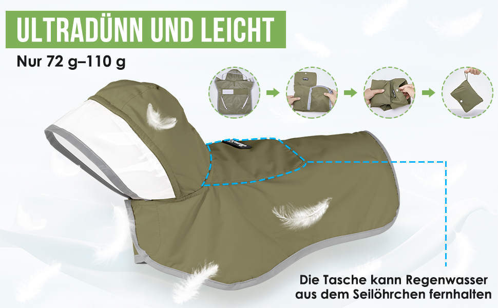 Легкий водонепроникний дощовик для собак з капюшоном, XS-XXL, з регулюванням та світловідбиваючими смугами, з кишенею