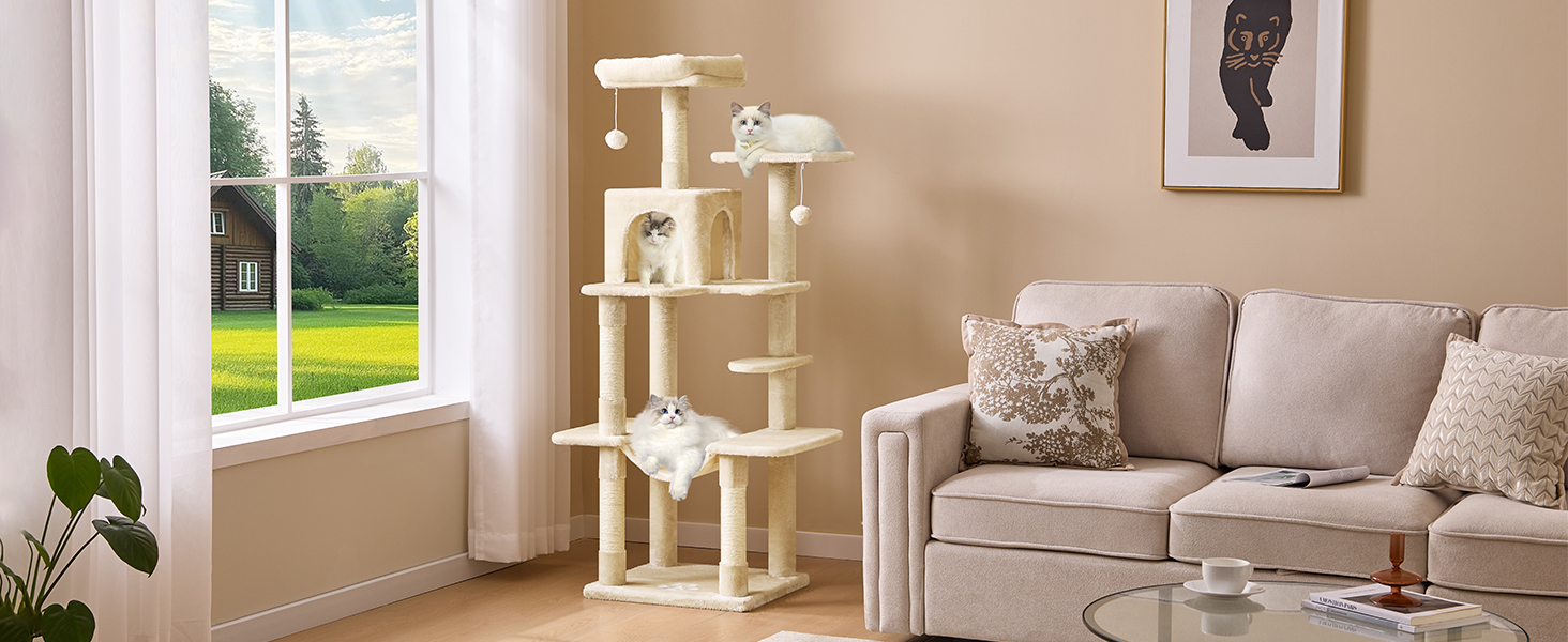 Кігтеточка для котів MSmask велика, багатоярусна, з гамаком та будиночками (150 см, бежева)