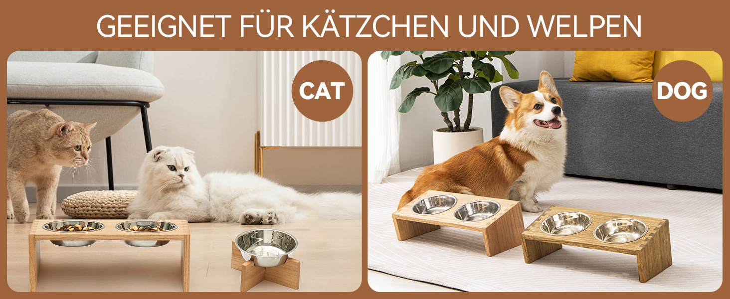Підвищені годівниці для котів та собак KIRIGEN – дерев'яна годівниця з 3 знімними мисками з нержавіючої сталі, жовто-коричневого та темно-коричневого кольорів