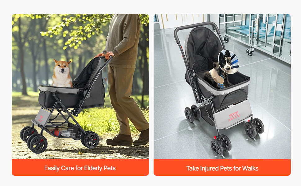 Візок для собак VEVOR, до 20 кг, складаний, 4-колісний, з сітковими віконцями та змінним ручками, з гальмом, для маленьких та середніх тварин