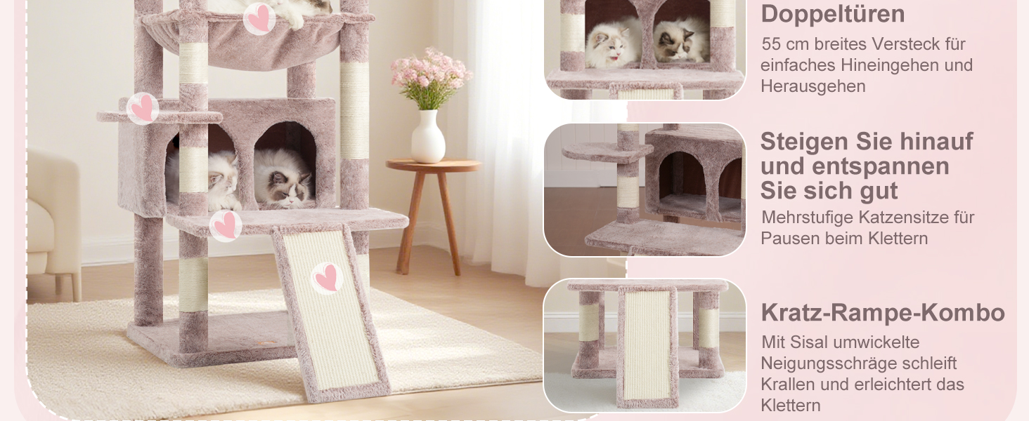 Дряпак для котів Heybly HCT038W (коричнево-бежевий): великий, 202 см, з платформами, печерею, гамаком та сизалевим стовпом