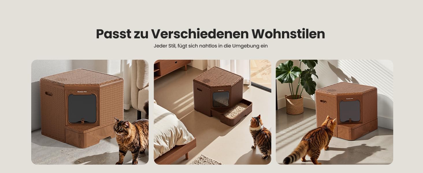 Торгова лоток для котів Gardner Pet з кришкою, великий, з висувним піддоном, сучасний дизайн плетіння ротангу, з фільтром з активованого вугілля, 50 x 50 x 50 см, базова версія