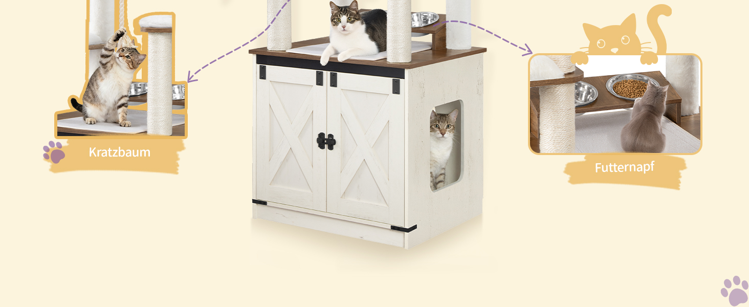 Драбина-кіготь для котів з туалетом, годівницею, 173 см, велика платформа, мотузка сизаль, гамак, знімний килимок, іграшки-кульки, білий та коричневий колір CB89014WT