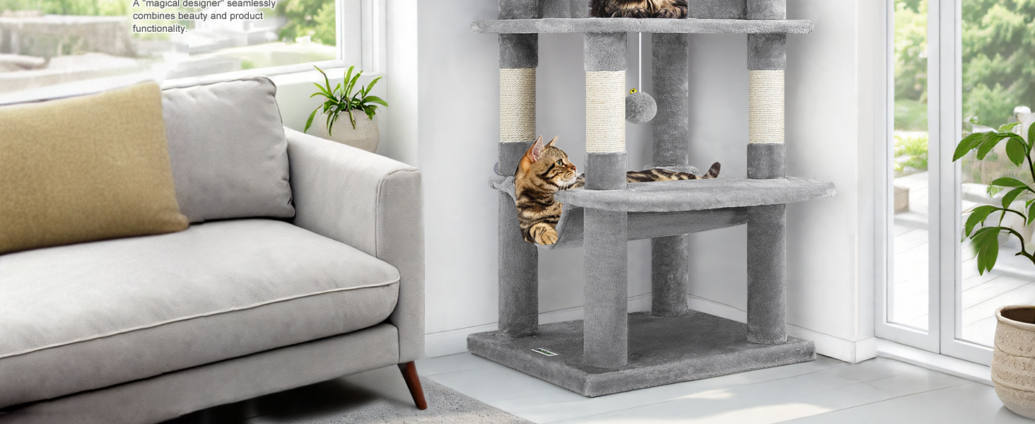 Кігтеточка Globlazer велика, стабільна кутова з великим будиночком для котів, платформа з м'яким покриттям, гамак, м'який кошик, кігтеточка висотою 130 см для кількох великих котів, для дому (XL, світло-сірий)