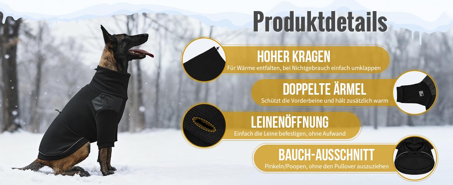 Пуловер для собак OneTigris, теплий флісовий одяг з петлями для ніг та отвором для повідка, зручний для вигулу, чорний, L (20-30 кг), XL (27-41 кг, обхват грудей 77 см, обхват шиї 60 см)