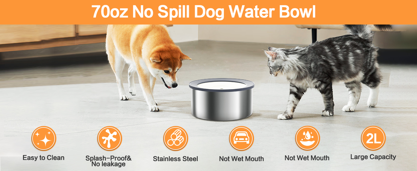 Нержавійна чаша для води для собак 2L, не протікає, без облизування, для дому, вулиці, авто