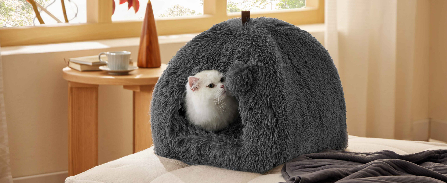 Ліжко для котів BEDSURE велике, 40x40x40 см, сіре, з подушкою та іграшкою, миється