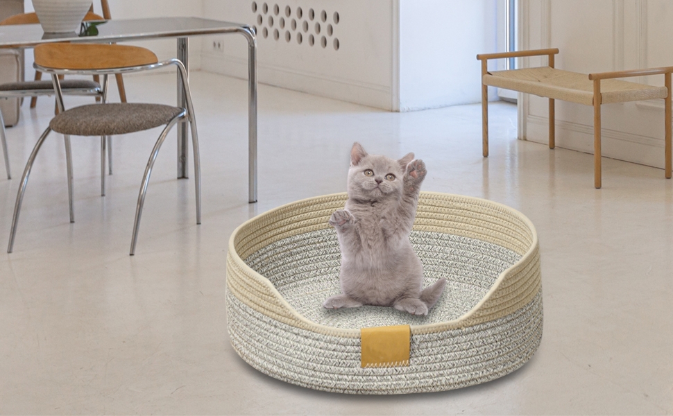 Квіткове ліжко для кота, 50 см, плетений кошик-гніздечко, дихаюче ліжко для тварин, міцне, стійке до подряпин, сірий, чорно-хакі (M)