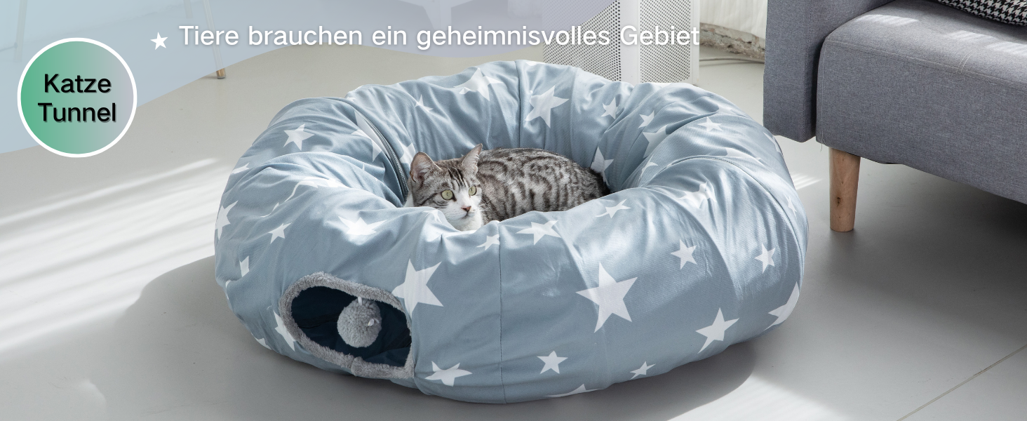 Туннель для котів JanYoo з м'яким ліжком, круглий тунель з двома входами, котяча печера, іграшка для котів, великий знімний тунель для гри в приміщенні