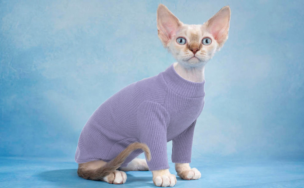 Одяг для безшерстої кішки Сфінкс: м'який пуловер з ролетним коміром, футболка та жилет з бавовни (Чорний, XL, A-фіолетовий)