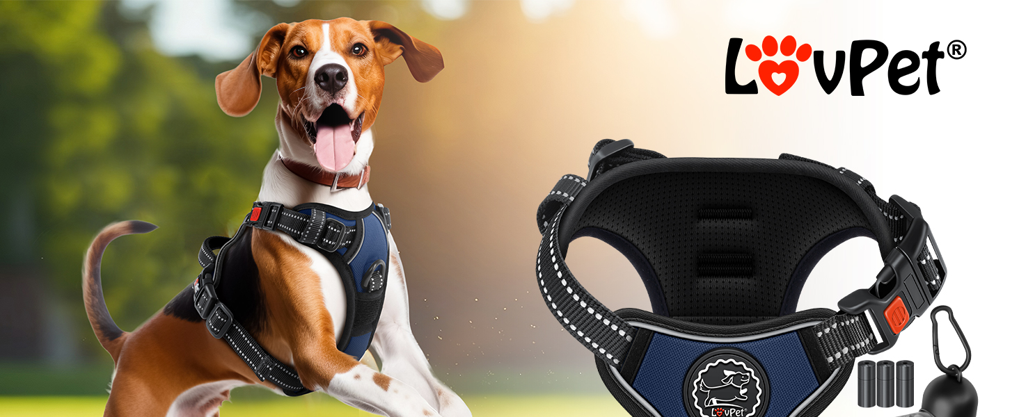 Шлейка для собак LOVPET® без натягу та тяги для маленьких собак та цуценят, дихаюча та м'яка, світловідбиваюча | Безперетягувальна шлейка з ручкою та рулонами для відходів | Регульована шлейка Navy Blue - L Navy Blue