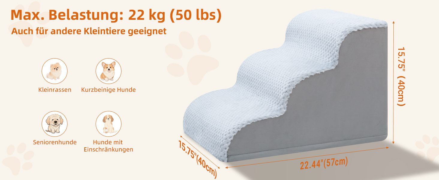 Східці для собак KSIIA, 3 сходинки, 40 см, сірі. Ідеально для маленьких собак та котів, підходить для ліжка, дивану, софи та авто. Розміри: 40x57x40 см