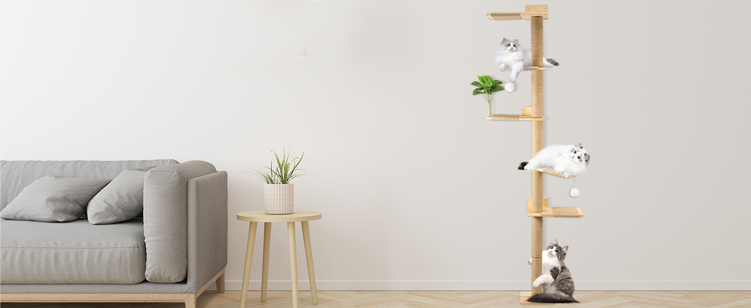 Кігтеточка для котів Youyijia 206 см з натурального каучукового дерева, 5 ярусів, настінна, з розширеною основою, плюшевими кульками, 360° обертання, XXL кігтеточка для котів