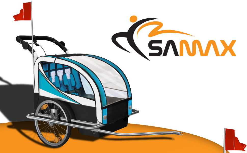 SAMAX Fahrradanhänger Jogger 2in1: Дитячий велопричіп-коляска 2в1 для 2 дітей, повне зчеплення, поворот на 360° (Блакитний - Срібляста рама)