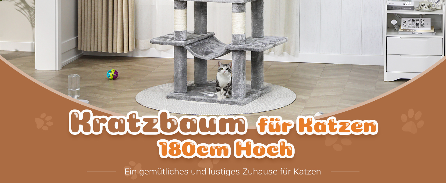 MSmask Котячий будиночок-кігтеточка великий, 180 см, з сизалевих стовпів, 2 платформи, 2 будиночки, кошик, гамак, стабільний, багатоповерховий, сірий