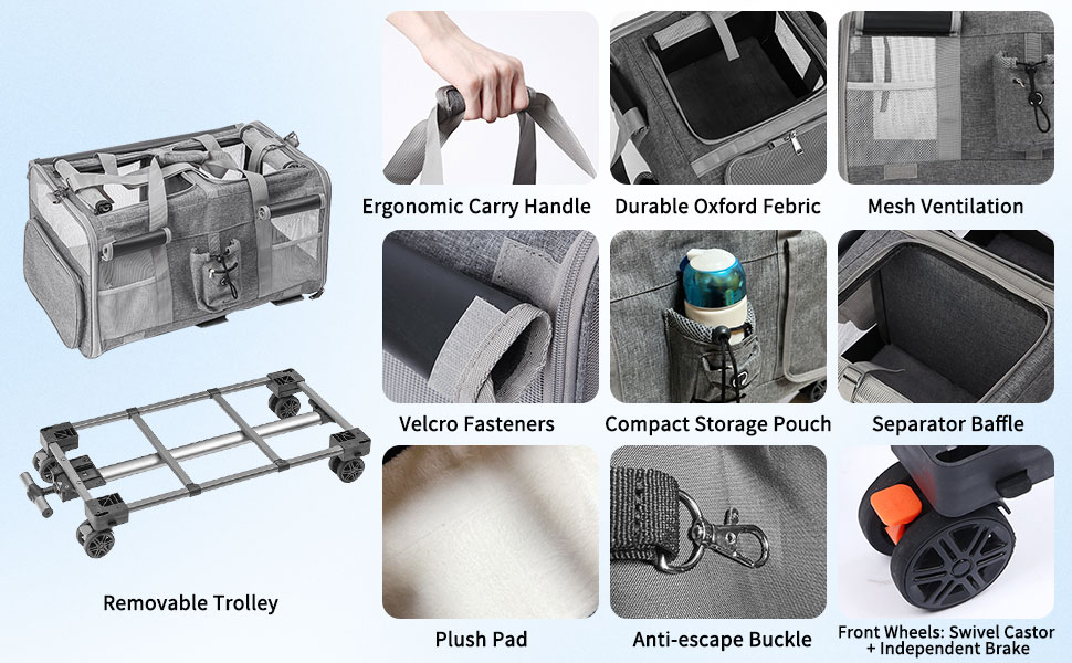 Транспортна переноска для котів та собак на 20 кг з 2 відділеннями, колесами та телескопічним ручками (сіра)