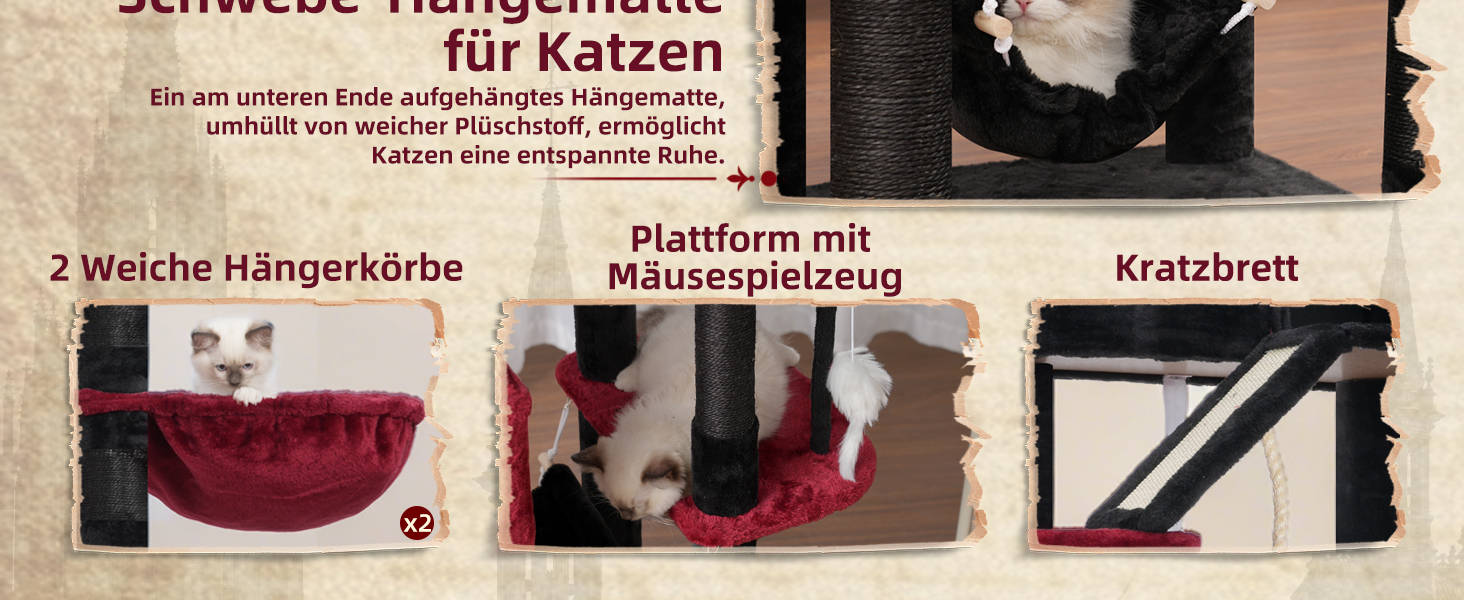 Великий котячий будиночок Kratzbaum: стабільний, 200 см, з платформами, гамаком, сизалевими стовпчиками (чорний та червоний)