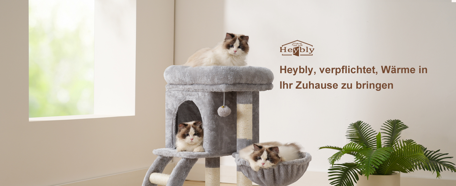 Кігтеточка Heybly Kratzbaum 75 см: кігтеточка-вежа з платформою, будиночком, гамаком, драбиною та іграшками для котів, сірий колір, HCT009SM