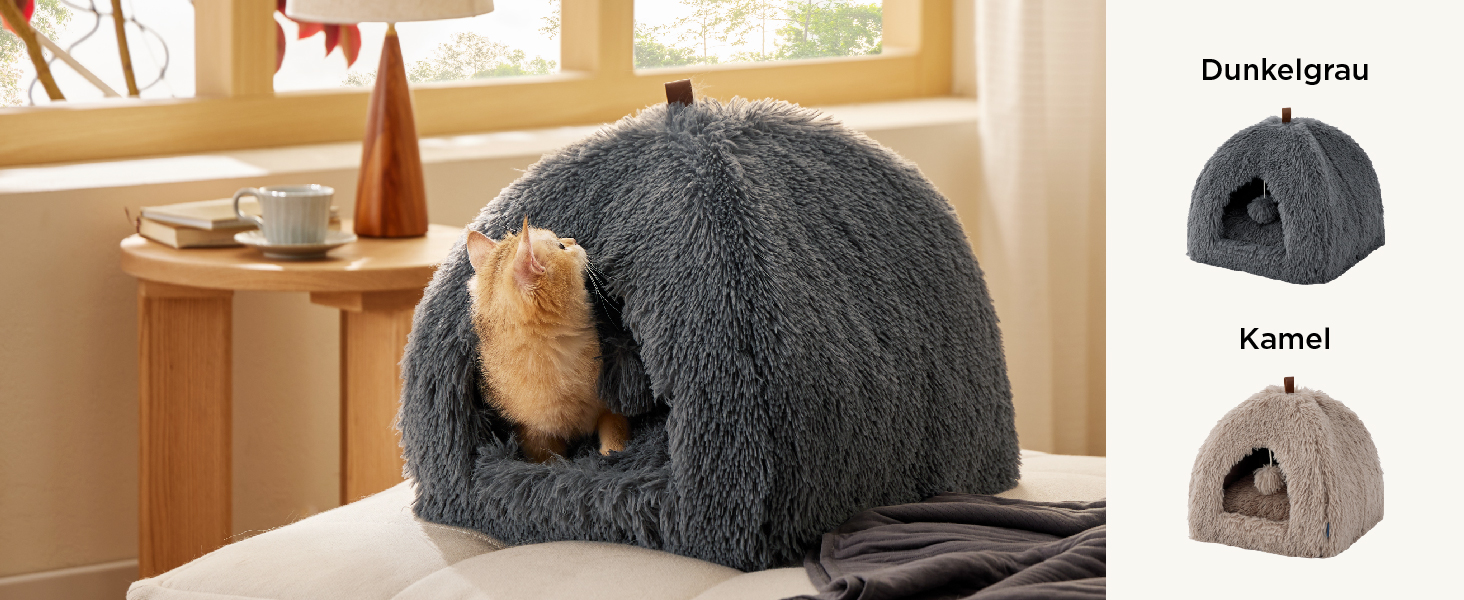 Ліжко для котів BEDSURE велике, 40x40x40 см, сіре, з подушкою та іграшкою, миється