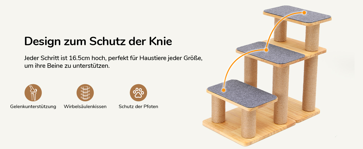 Сходинка для собак FUKUMARU, 3 сходинки, дерев'яна (сосна) з джутової тканини, регульована висота 18-51 см, вантажопідйомність до 90 кг, 6 варіантів підйому на ліжко/диван, сірий колір