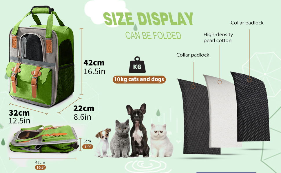 PETCUTE Рюкзак для собак і котів, дихаючий, для маленьких тварин, з відбиваючими смугами, складаний, знімний килимок, страхувальний ремінь, для прогулянок (зелений)