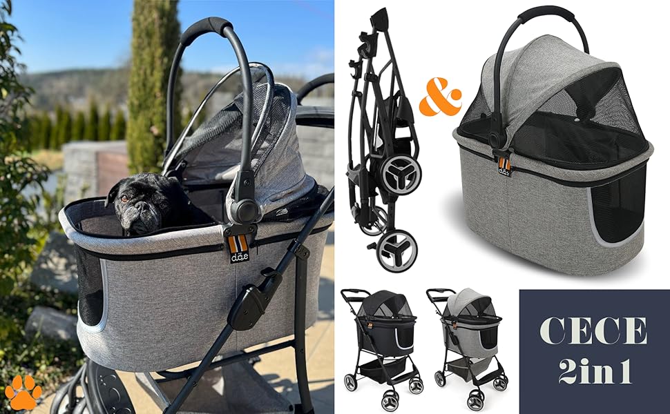 Візок для собак 2-в-1 CECE з переносною коробкою | Складаний візок-коробка для собак сірого кольору з додатковим кошиком для покупок та аксесуарів