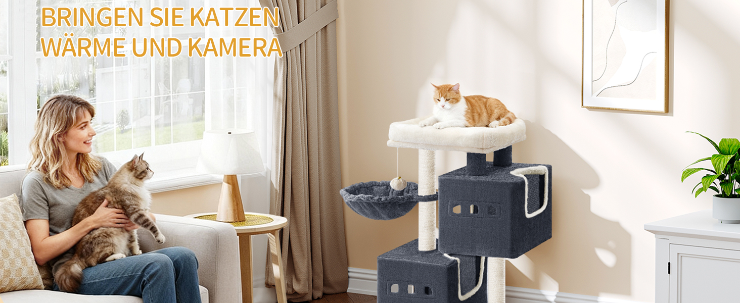 Дерево для котів Hzuaneri, 75 см, зі стійкою конструкцією, великою лежанкою, котячою печеркою, сизалевими стовпчиками, кошиком та іграшками, сірий колір