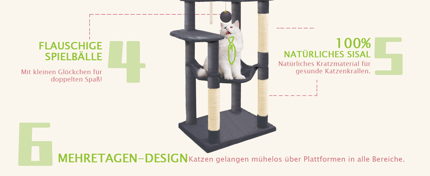 Котячий комплекс LEEJARD XXL: великий дерев'яний будиночок для котів з платформами, когтеточками, будиночком, гамаком, іграшками та захистом від перекидання (148 см, темно-сірий)