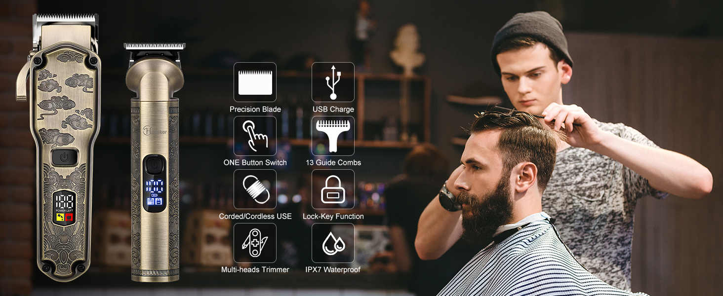 Електричний триммер Hatteker для чоловіків: професійний набір для стрижки бороди, волосся та тіла. Вологостійкий, з T-подібною насадкою, бронзового кольору