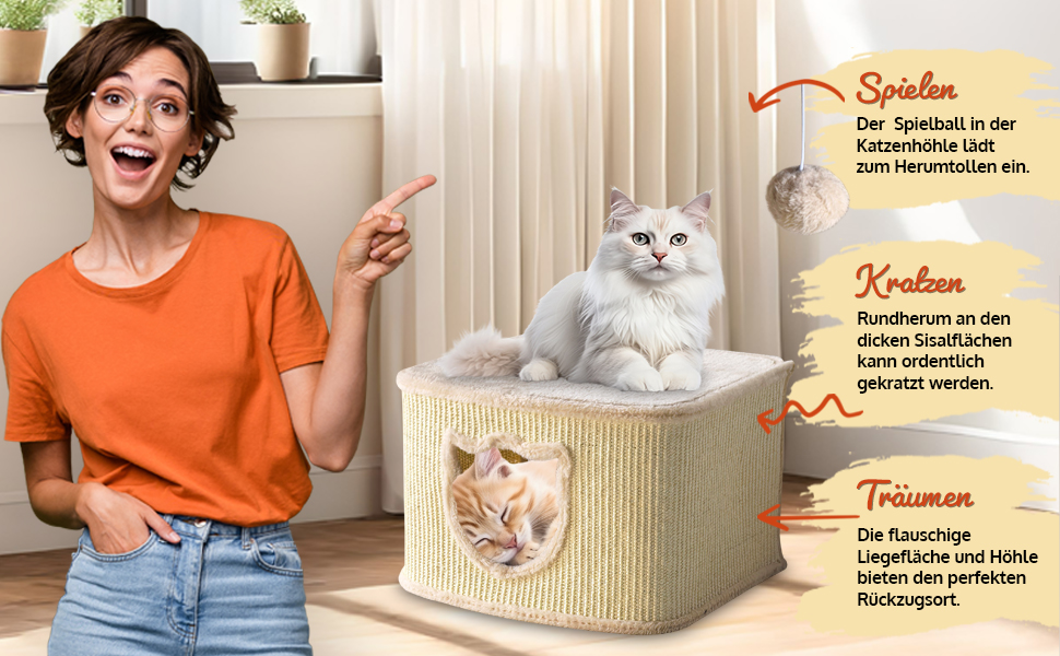 Преміум котячий будиночок Zooprinz – котячий кошик для кота – з товстими сизалевими стінами – печеринка з м'яким плюшем та іграшкою – котячий будиночок у скандинавському стилі (сірий)