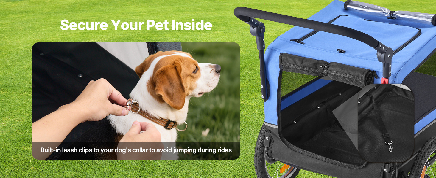 Причіп для собак VEVOR до 40 кг, 2-в-1, для маленьких та великих собак, з розкладним каркасом, універсальний з'єднувач, з прапорцем, внутрішній поводок, 1380x755x800 мм