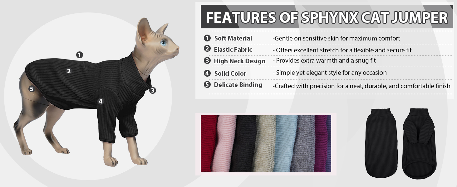 В'язаний жилет для безшерстих котів з високим коміром, чорного кольору. Дихаючий одяг для Sphynx, Cornish Rex, Devon Rex, Peterbald. Теплий пуловер-піжама для котів.