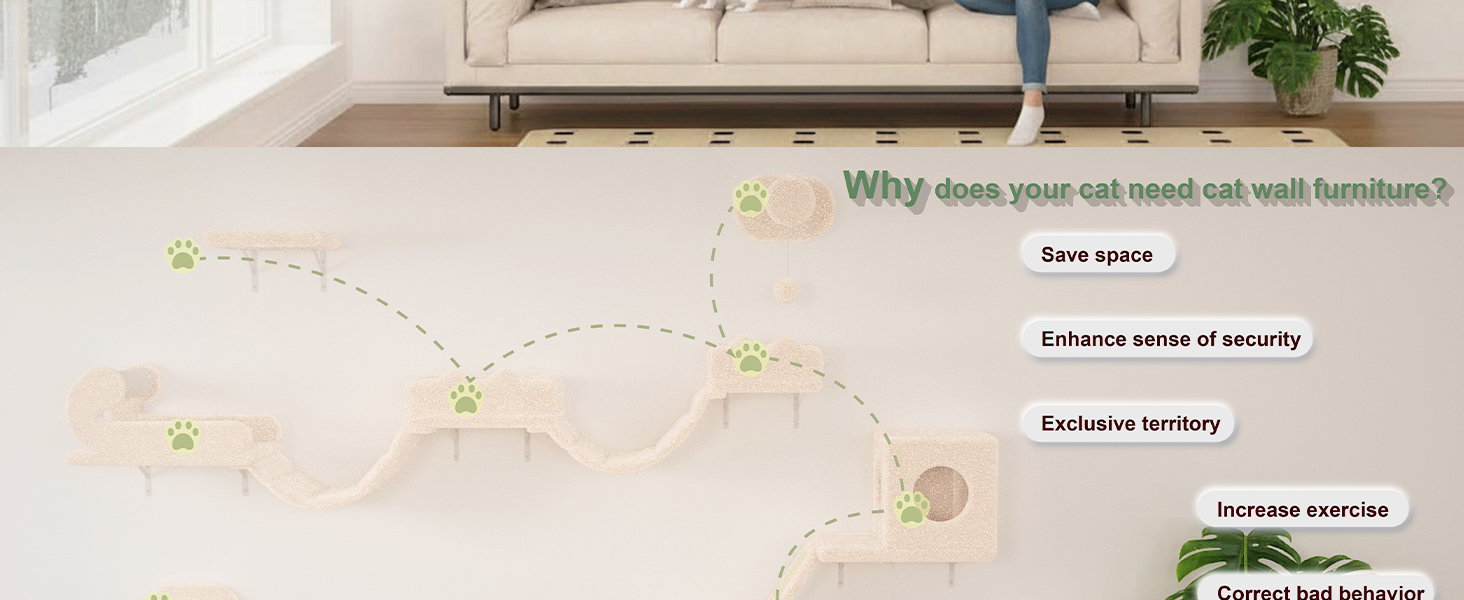 Комплекс для котів BYBYME з гамаком, ліжком та високими полицями для кількох котів, плюшевий лежак, когтеточка та стовпчики з сизалю, 6 шт., міцні меблі для лазіння (бежевий, 5 шт. з довгою перемичкою)