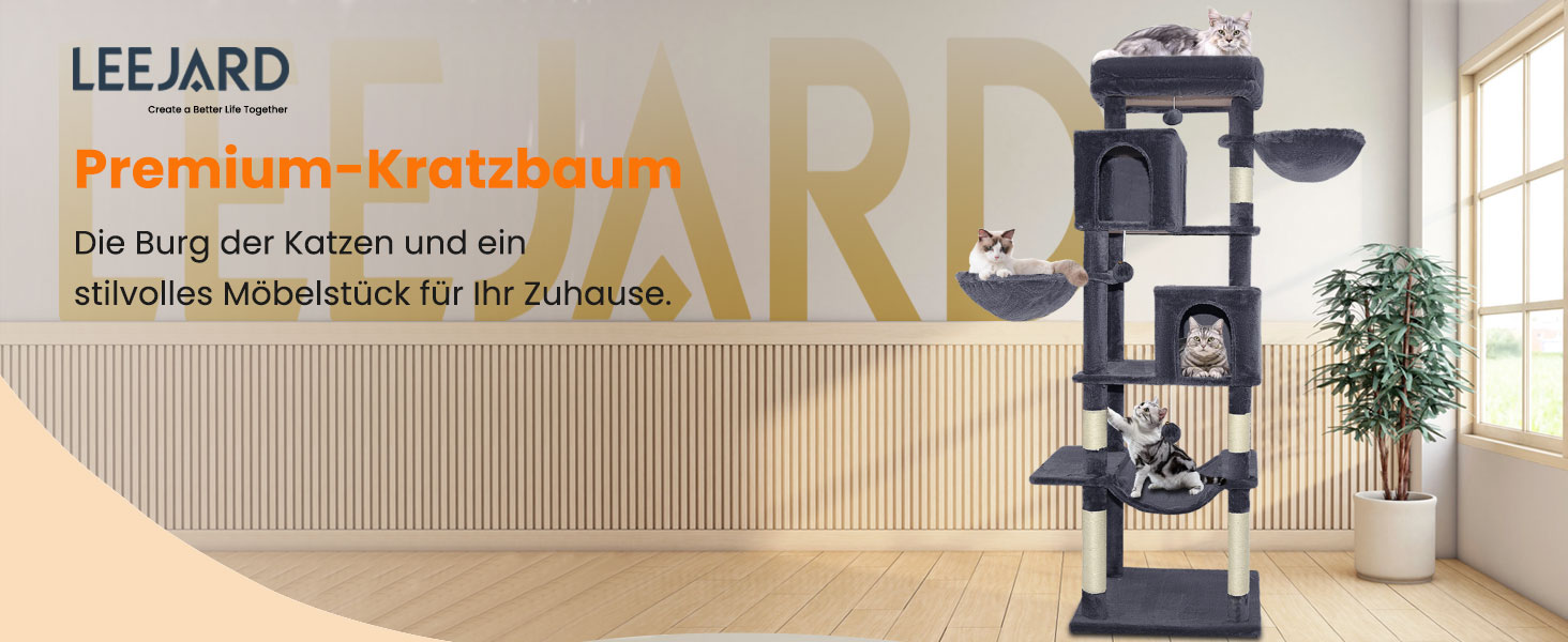 Котячий комплекс LEEJARD XXL: великий дерев'яний будиночок з платформами, когтеточками, будиночком, гамаком, іграшками та захистом від перекидання (180 см, бежевий)