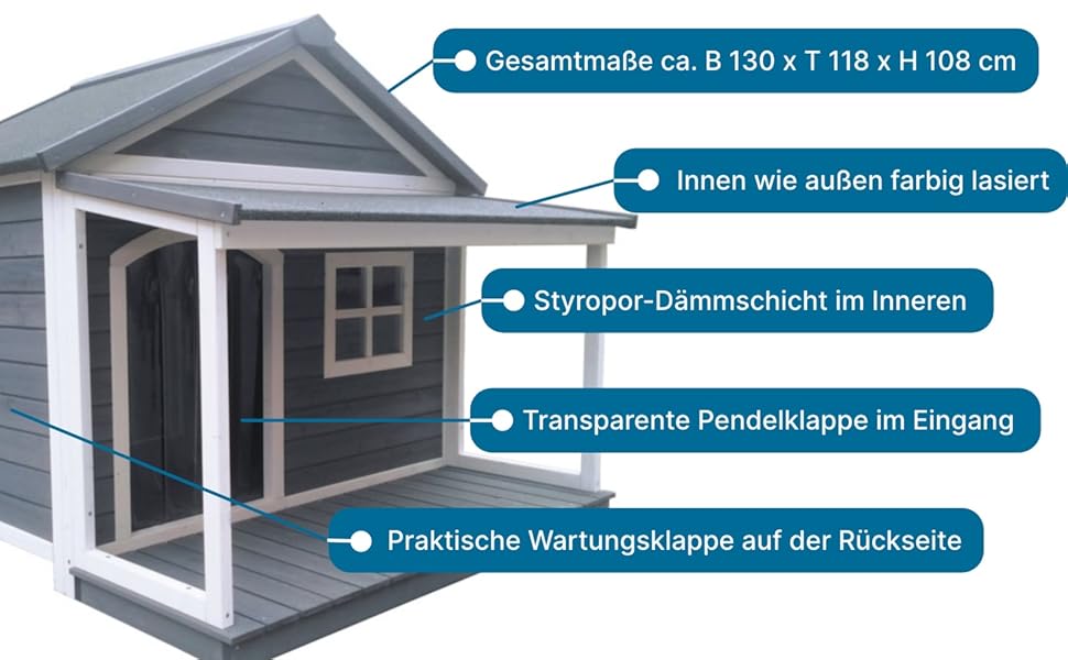 Будка для собак SunnyDogs з масивного дерева | Тепла та водовідштовхуюча будка з дахом та терасою | Розміри: 130 x 118 x 108 см