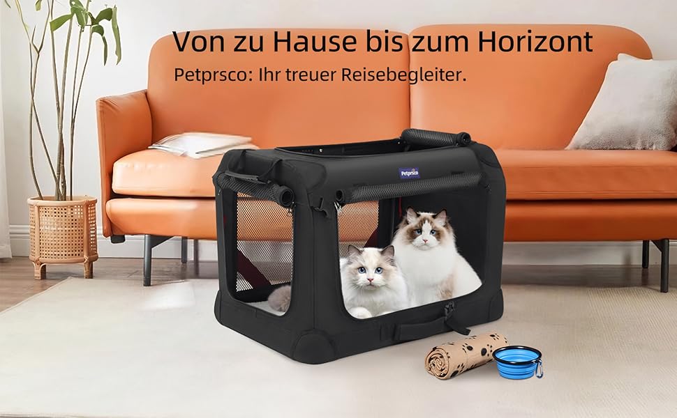 Транспортна переноска для котів та собак Petprsco, 60x42x42 см, чорна. Зігріваюча ковдра, миска та знімний матрац