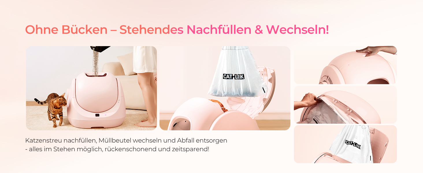 Лотки для котів CATLINK Baymax з автоочищенням, 70л, XXL, 7-рівневий захист від протікання, керування через додаток, розпізнавання кількості котів – підходить для кількох котів, білий (рожевий)