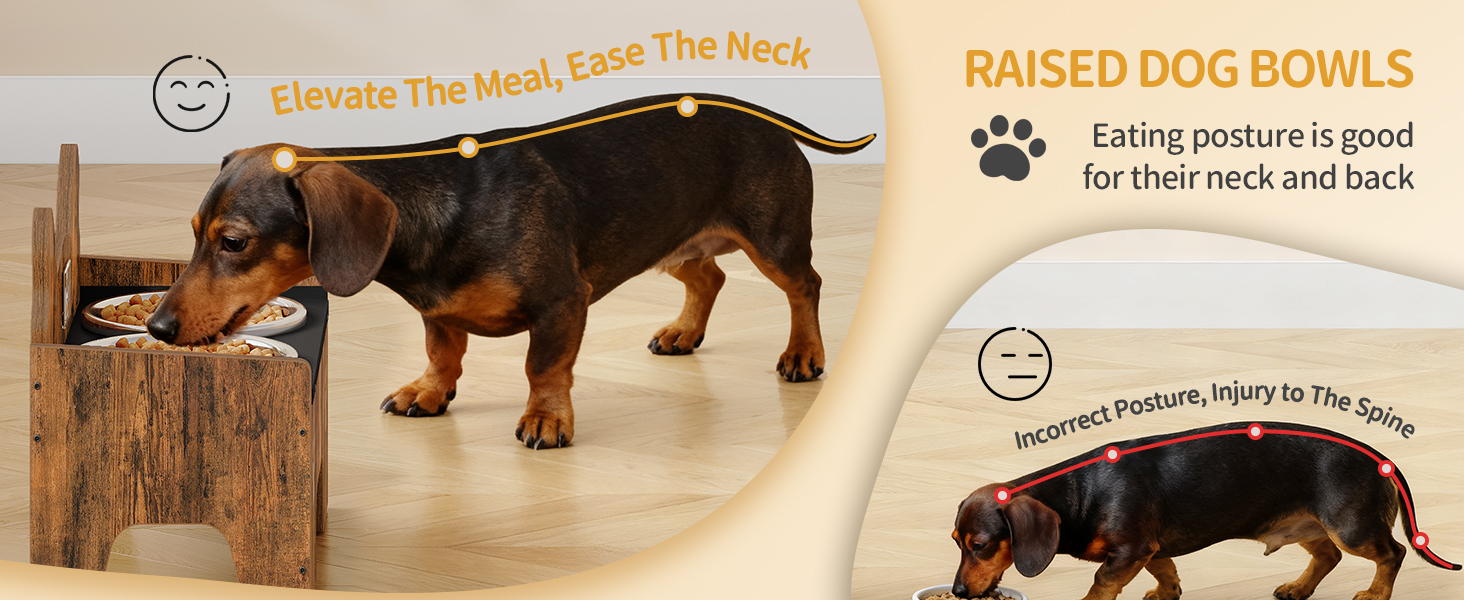 Підвищена годівниця для собак Hzuaneri з двома мисками, нержавіюча сталь, захист від бризок, антиковзаюча, безшумна, для малих та середніх собак, вінтажний коричневий, PB01601B