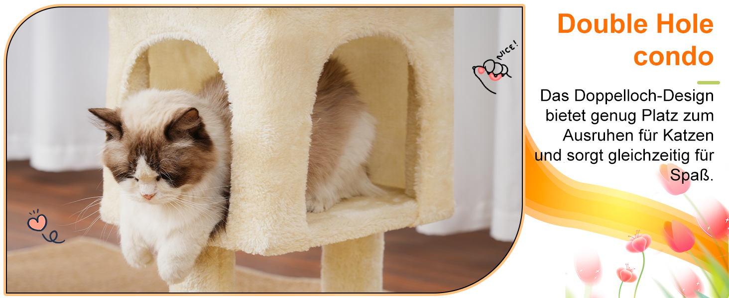 Котячий будиночок Heybly Kratzbaum: 100 см, з платформою, печерею, 2 гамаками та іграшками. Активний котячий будиночок, HCT006SW (Бежевий)