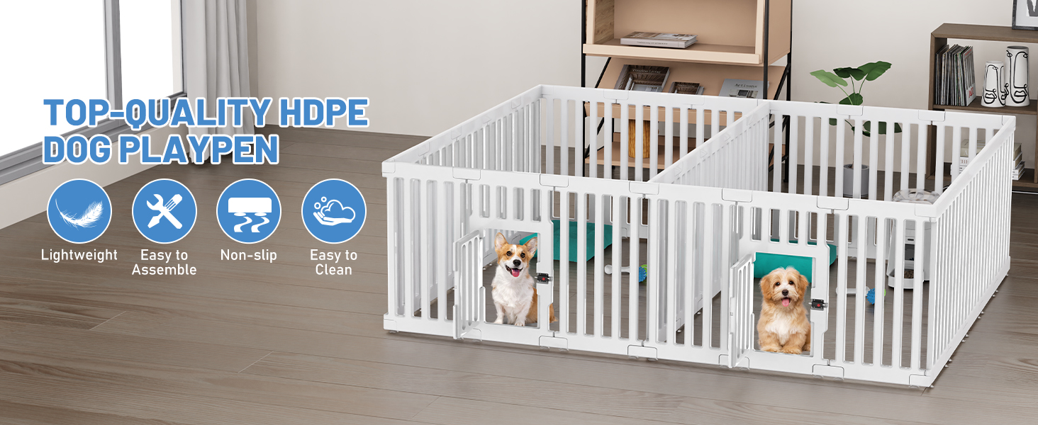 Клітка для цуценят FASRIOU Indoor 65 см, пластикове огородження для собак з антиковзкими присосками, вольєр для маленьких собак, 18 панелей (200 x 168 x 65 см), з двома секціями