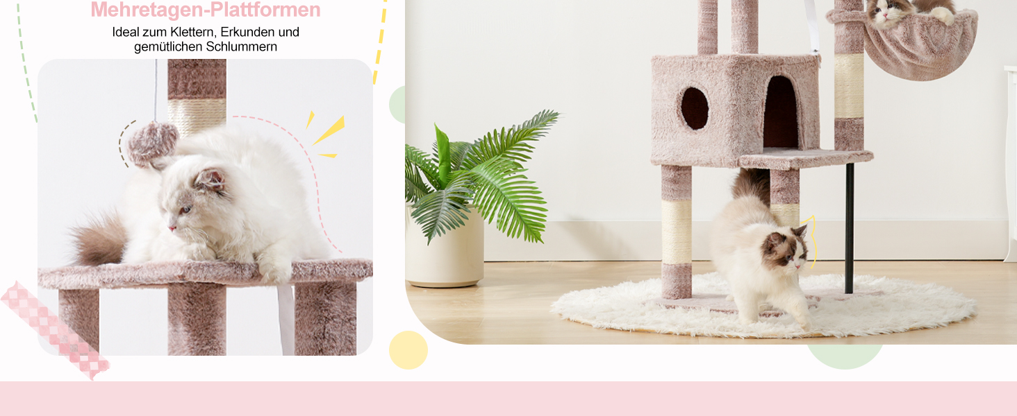 Котячий будиночок Heybly Kratzbaum HCT200SW: зручний когтетоп з будиночком, стійка конструкція 125 см (коричнево-бежевий)