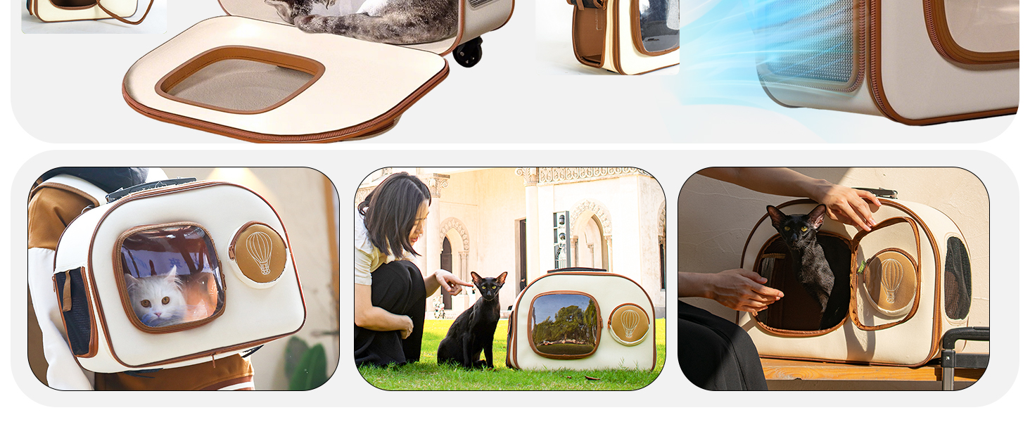 PETCUTE Рюкзак-переноска для собак та котів з колесами, складаний, з внутрішнім страхувальним ремінцем, дихаючий, для маленьких собак та середніх котів, бежевий